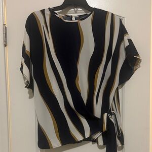 SHEIN Black White & Gold Wave-Stripe Tie-Side Blouse